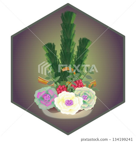 新年花卉插圖，六角形背景 134199241