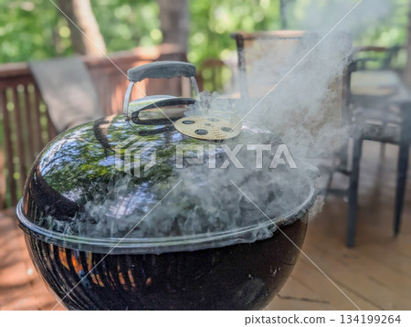 Summer picnic with small charcoal grill and steaks on deck Summer picnic with small charcoal grill and steaks on deck 134199264
