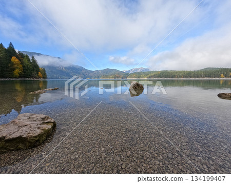 Panoramic view of Alps and Eibsee Lake Bavaria Germany Panoramic view of Alps and Eibsee Lake Bavaria Germany 134199407
