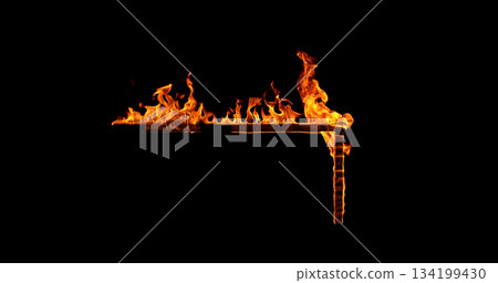 Photography of a burning wooden beam in L shape isolated on a black background. Detailed fire textures ideal for VFX, compositing, overlays, graphics, and cinematic effects. Photography of a burning wooden beam in L shape isolated on a black background. Detailed fire textures ideal for VFX, compositing, overlays, graphics, and cinematic effects. 134199430
