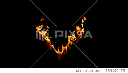 Photography of a burning wooden beam in L shape isolated on a black background. Detailed fire textures ideal for VFX, compositing, overlays, graphics, and cinematic effects. 134199455