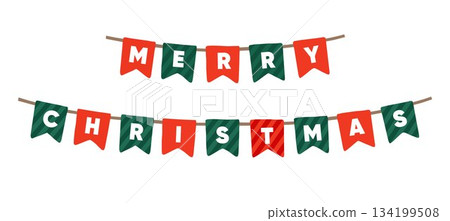 Merry Christmas banner. Red and Green festive garland isolated on background. Holiday decoration graphic for seasonal greeting cards, winter celebration. Party bunting flags advent vector illustration 134199508