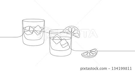 Whiskies and ice. Scotch on the rocks in glasses. Whiskey and soda. Continuous one line drawing vector illustration Whiskies and ice. Scotch on the rocks in glasses. Whiskey and soda. Continuous one line drawing vector illustration 134199811