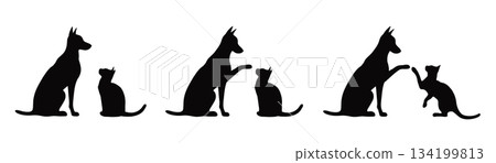 Dog and cat communicate like best friends. Storyboard story. Pet silhouettes, vector illustration. Logo design for a nursery, veterinary clinic, and pet store Dog and cat communicate like best friends. Storyboard story. Pet silhouettes, vector illustration. Logo design for a nursery, veterinary clinic, and pet store 134199813