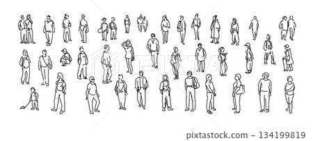 People sketch. Casual group of people silhouettes. Outline hand drawing illustration 134199819