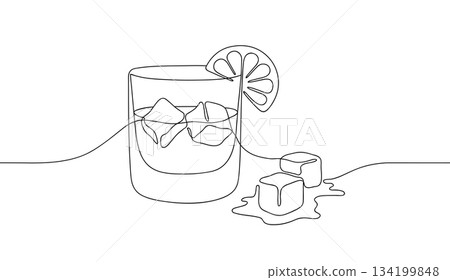 Whiskies and ice. Scotch on the rocks in glass. Whiskey and soda. Continuous one line drawing vector illustration Whiskies and ice. Scotch on the rocks in glass. Whiskey and soda. Continuous one line drawing vector illustration 134199848