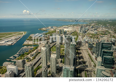 Toronto scenic cityscape from the Cn Tower top, Ontario, Canada Toronto scenic cityscape from the Cn Tower top, Ontario, Canada 134200272