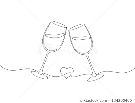 Minimalist one line drawing of two wine glasses clinking in toast forming heart. Perfect for wedding invitations, Valentines Day, romantic designs Minimalist one line drawing of two wine glasses clinking in toast forming heart. Perfect for wedding invitations, Valentines Day, romantic designs 134200400