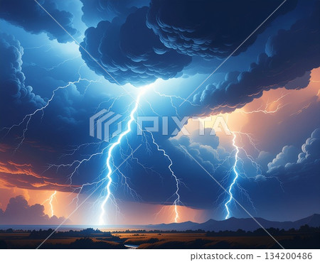 夜空絢麗多彩，閃電交加。 134200486