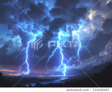夜空絢麗多彩，閃電交加。 134200487