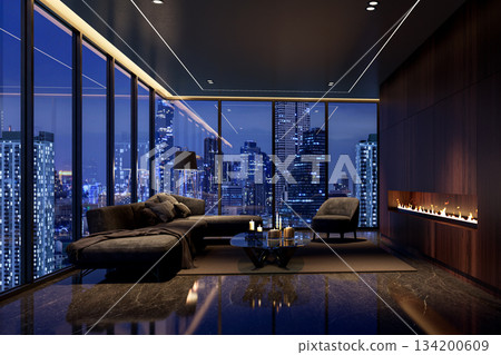 Ultra-luxurious, dark, and modern living room in a high-rise penthouse 3d render Ultra-luxurious, dark, and modern living room in a high-rise penthouse 3d render 134200609