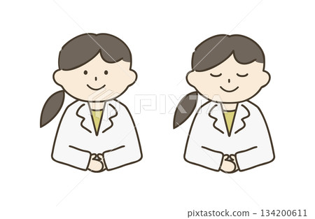 A woman in a white coat bowing with her hands folded A woman in a white coat bowing with her hands folded 134200611