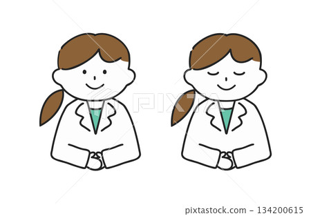 A woman in a white coat bowing with her hands folded 134200615