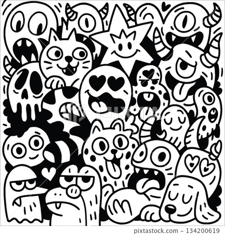 Isolated separated layered lineart outline of doodle cartoon animals and monsters with playful 134200619