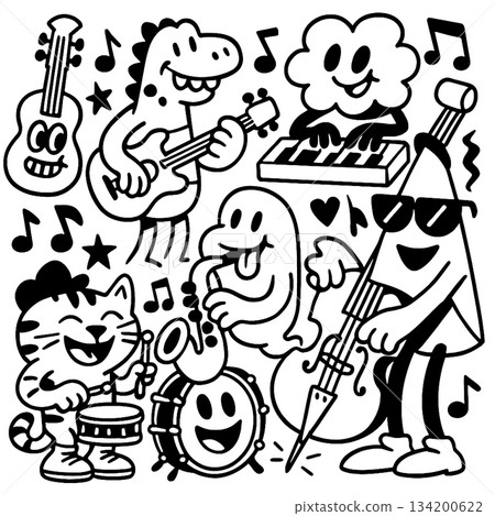 Isolated layered lineart outline of separated cartoon animals and shapes playing musical 134200622
