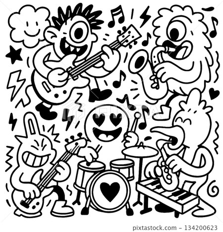 Isolated separated layered lineart outline of cartoon band playing music with joyful emotional Isolated separated layered lineart outline of cartoon band playing music with joyful emotional 134200623