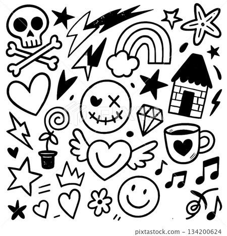 Isolated layered lineart outline of playful doodle icons separated with hearts stars skull Isolated layered lineart outline of playful doodle icons separated with hearts stars skull 134200624