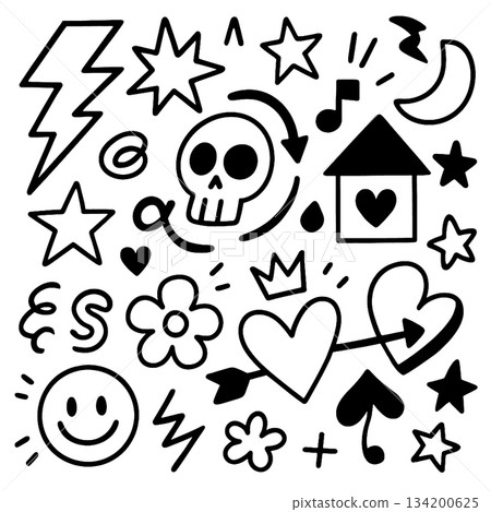 Isolated layered lineart outline of various separated doodle icons including heart skull star Isolated layered lineart outline of various separated doodle icons including heart skull star 134200625