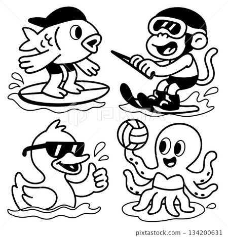 Isolated separated layered lineart outline cartoon animal surfing water sport playful style Isolated separated layered lineart outline cartoon animal surfing water sport playful style 134200631