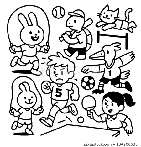 Isolated layered lineart outline of children and animal characters separated playing various 134200633