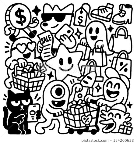 Isolated separated layered lineart outline shopping scene with happy characters and various items Isolated separated layered lineart outline shopping scene with happy characters and various items 134200638