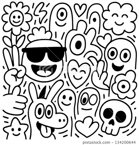 Isolated layered lineart outline of happy cartoon faces flower skull hand heart and ghost Isolated layered lineart outline of happy cartoon faces flower skull hand heart and ghost 134200644