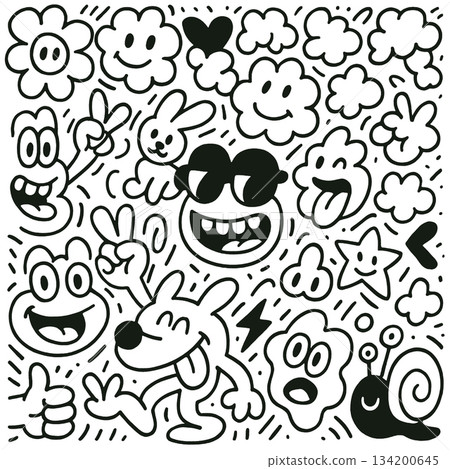 Isolated separated layered lineart outline cartoon doodle features happy animal flower cloud 134200645