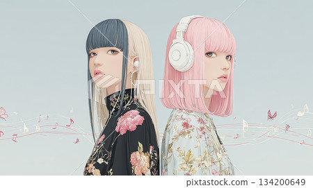 艾米系列：兩位女性沉浸在音樂中，耳機和音符在花卉圖案中漂浮 134200649