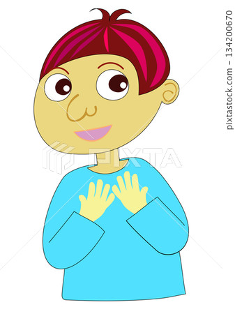 圖解：一個孩子麵帶微笑，一隻手放在胸口。 134200670