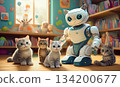 A cat-shaped robot takes care of kittens at a kindergarten 134200677
