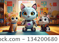 A cat-shaped robot takes care of kittens at a kindergarten 134200680