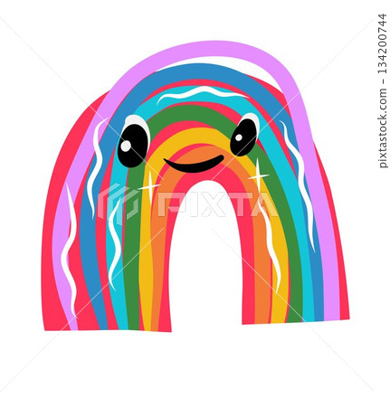 Sticker illustration of a childs drawing of a cheerful rainbow. 134200744