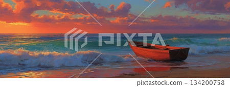 Small boat sitting on the beach as orange waves gently wash ashore during sunset. Wooden boat resting on beach at colorful sunset 134200758