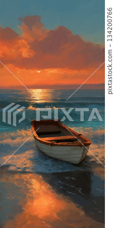 Small boat sitting on the beach as orange waves gently wash ashore during sunset. Wooden boat resting on beach at colorful sunset 134200766
