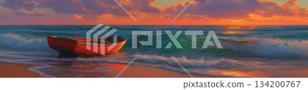 Small boat sitting on the beach as orange waves gently wash ashore during sunset. Wooden boat resting on beach at colorful sunset 134200767