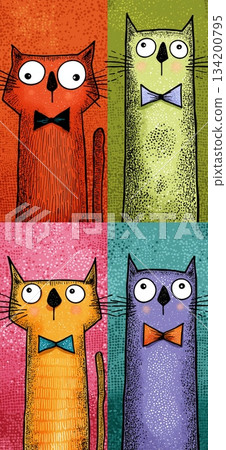 Cat greeting card. Colorful illustration featuring a block of four amusing cats with different patterns and bow ties. Four cute cartoon cats wearing bow ties pattern Cat greeting card. Colorful illustration featuring a block of four amusing cats with different patterns and bow ties. Four cute cartoon cats wearing bow ties pattern 134200795