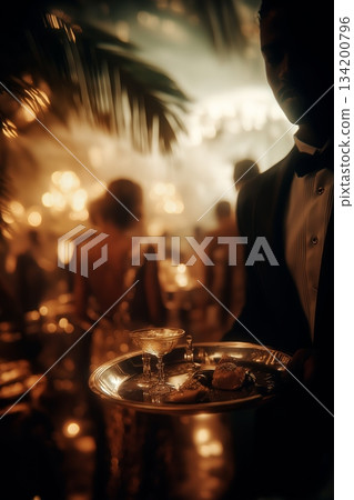 Waiter carrying tray at glamorous party. Waiter carrying a silver tray with drinks and food at a blurred, elegant party scene Waiter carrying tray at glamorous party. Waiter carrying a silver tray with drinks and food at a blurred, elegant party scene 134200796