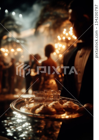 Waiter carrying tray at glamorous party. Waiter carrying a silver tray with drinks and food at a blurred, elegant party scene Waiter carrying tray at glamorous party. Waiter carrying a silver tray with drinks and food at a blurred, elegant party scene 134200797