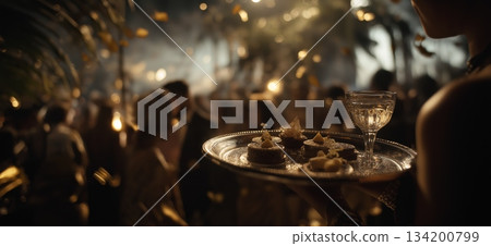 Waiter carrying tray at glamorous party. Waiter carrying a silver tray with drinks and food at a blurred, elegant party scene Waiter carrying tray at glamorous party. Waiter carrying a silver tray with drinks and food at a blurred, elegant party scene 134200799