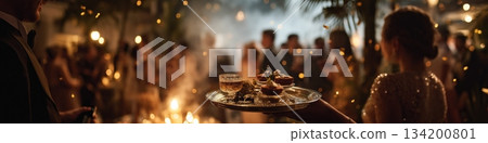 Waiter carrying tray at glamorous party. Waiter carrying a silver tray with drinks and food at a blurred, elegant party scene Waiter carrying tray at glamorous party. Waiter carrying a silver tray with drinks and food at a blurred, elegant party scene 134200801