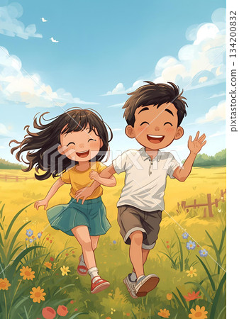 一個男孩和一個女孩在田野裡奔跑 134200832