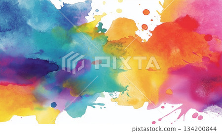 Watercolor splashing creating vibrant colorful abstract background. Watercolor paint creating bright, multicolored splatters and blotches on a clean white surface 134200844