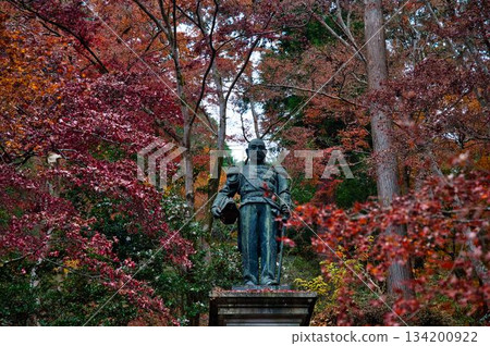Bronze statue and autumn leaves 134200922