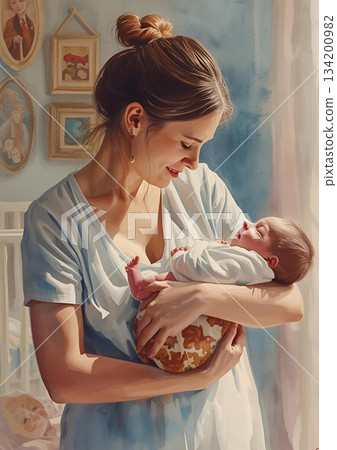 媽媽抱著一個嬰兒-插圖素材 [134200982] - PIXTA圖庫