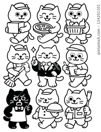 Cartoon cat chef holding pizza, fries, menu, broom, tray, and wearing various uniforms Cartoon cat chef holding pizza, fries, menu, broom, tray, and wearing various uniforms 134201101