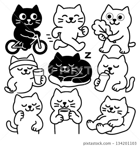 Cute black and white cat illustration, playful, relaxed, drinking, sleeping, exercising 134201103