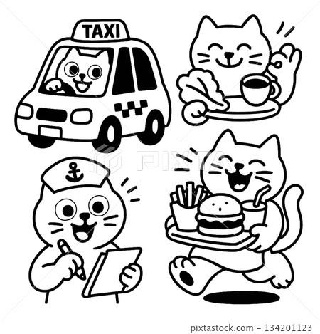 Cat taxi chef burger sailor joyful cartoon food black and white illustration 134201123