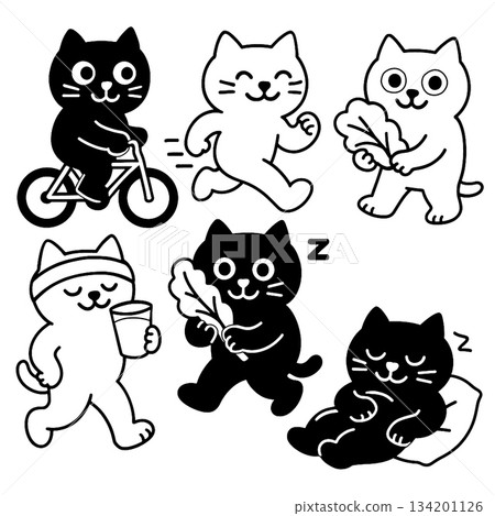 Cute cat cartoon set, cycling, running, holding leaf, drinking water, relaxing, sleeping Cute cat cartoon set, cycling, running, holding leaf, drinking water, relaxing, sleeping 134201126