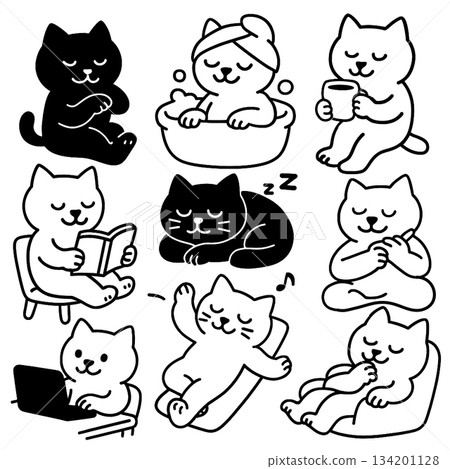 Cute cat illustration black and white relaxing reading bathing drinking sleeping working 134201128