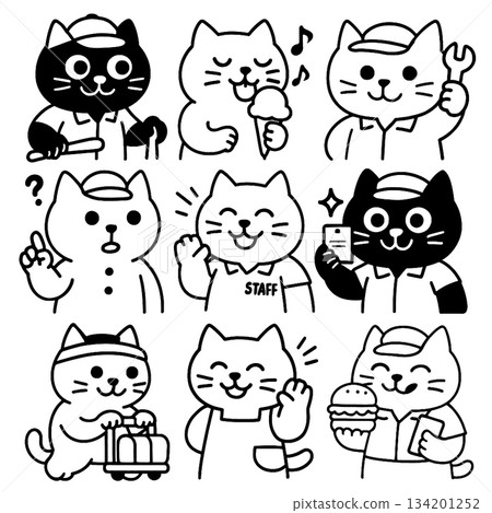 Cartoon cat character, black and white, various jobs, happy, eating, working, holding tools 134201252